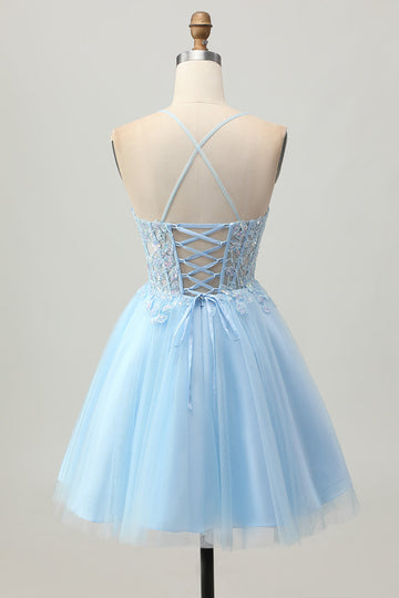 A Line Light Blue Short Appliqued Corset Cocktail Dress